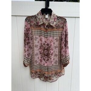 Drapers And Damon's Sheer Button Up Floral Blouse Colorful Lightweight